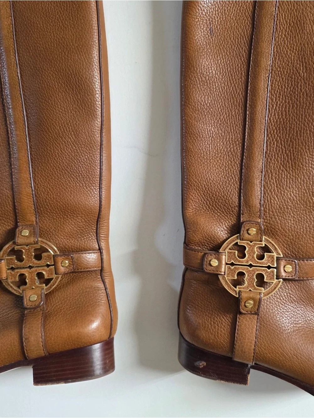 Tory Burch Cognac Leather Over-the-Knee Boots with Gold Logo